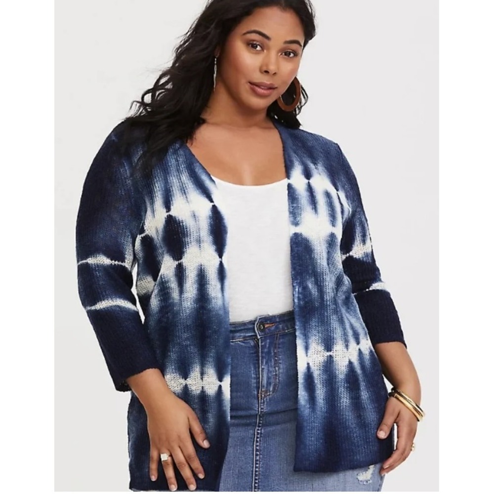 Torrid Cardigan‎ Size 1X Blue White Tie Dye Open Front Ribbed Knit 3/4 Sleeve